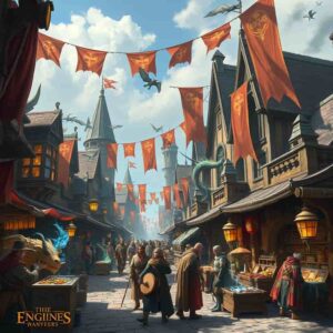 A bustling medieval marketplace filled with fantastical creatures,