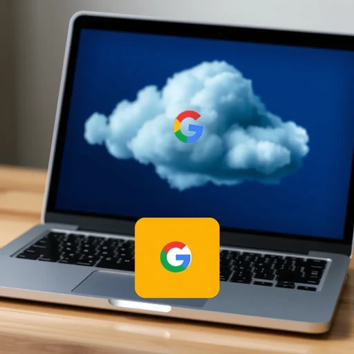 A laptop and a cloud in the background, representing the accessibility and flexibility of Google Colab