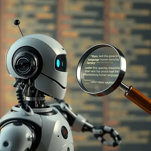 A robot and a magnifying glass in the background, representing the ability of spaCy to analyze and understand human language