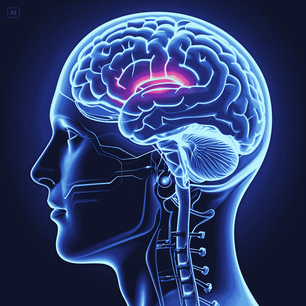 Artificial intelligence brain with glowing blue circuits